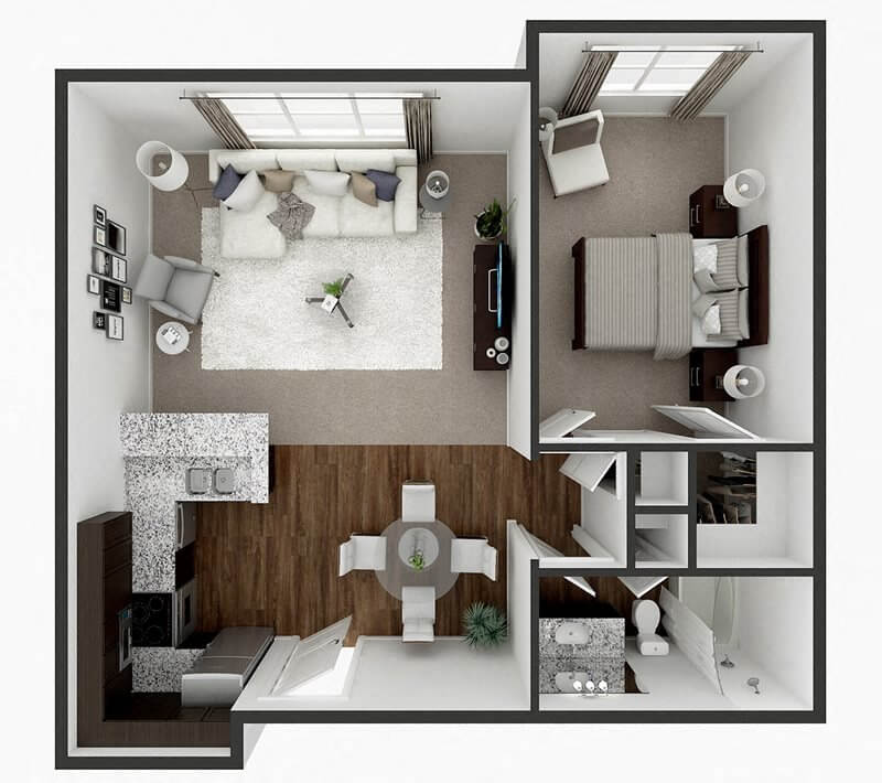Floor plan for 1 bed, 1 bath, 850 sqft